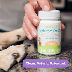 Tails 'N' Tummies dog probiotic tablets closeup showing pork flavor.