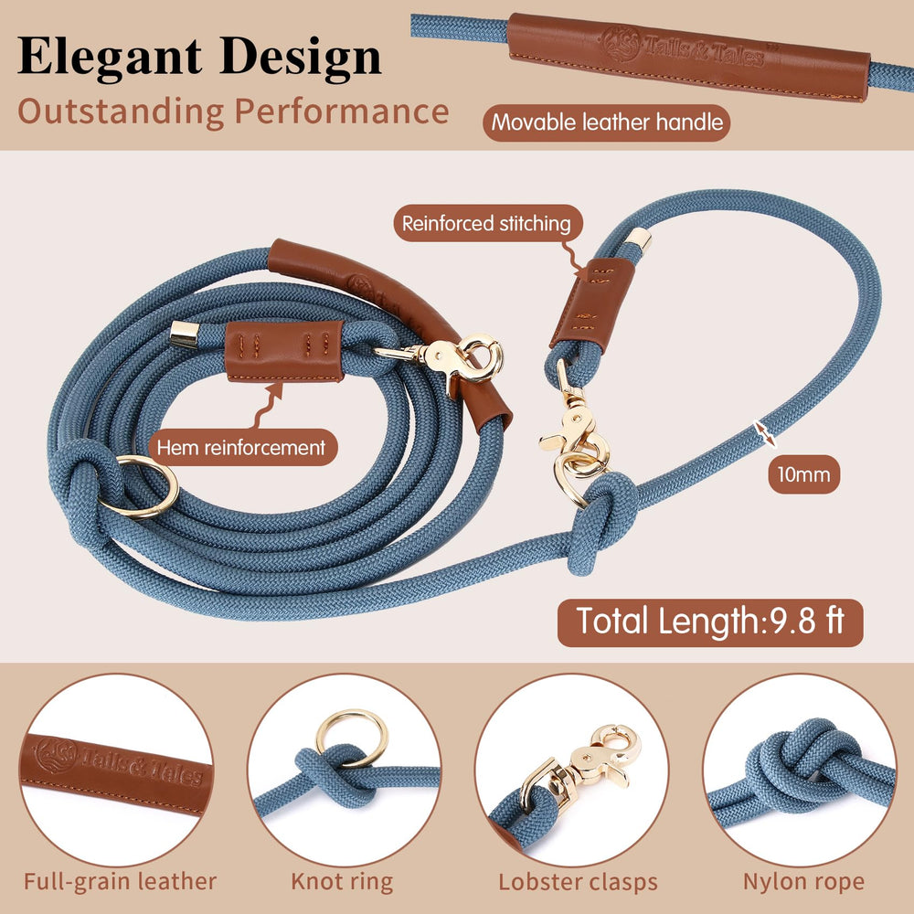 Tails & Tales double dog leash enabling two-dog control with a tangle-free swivel.
