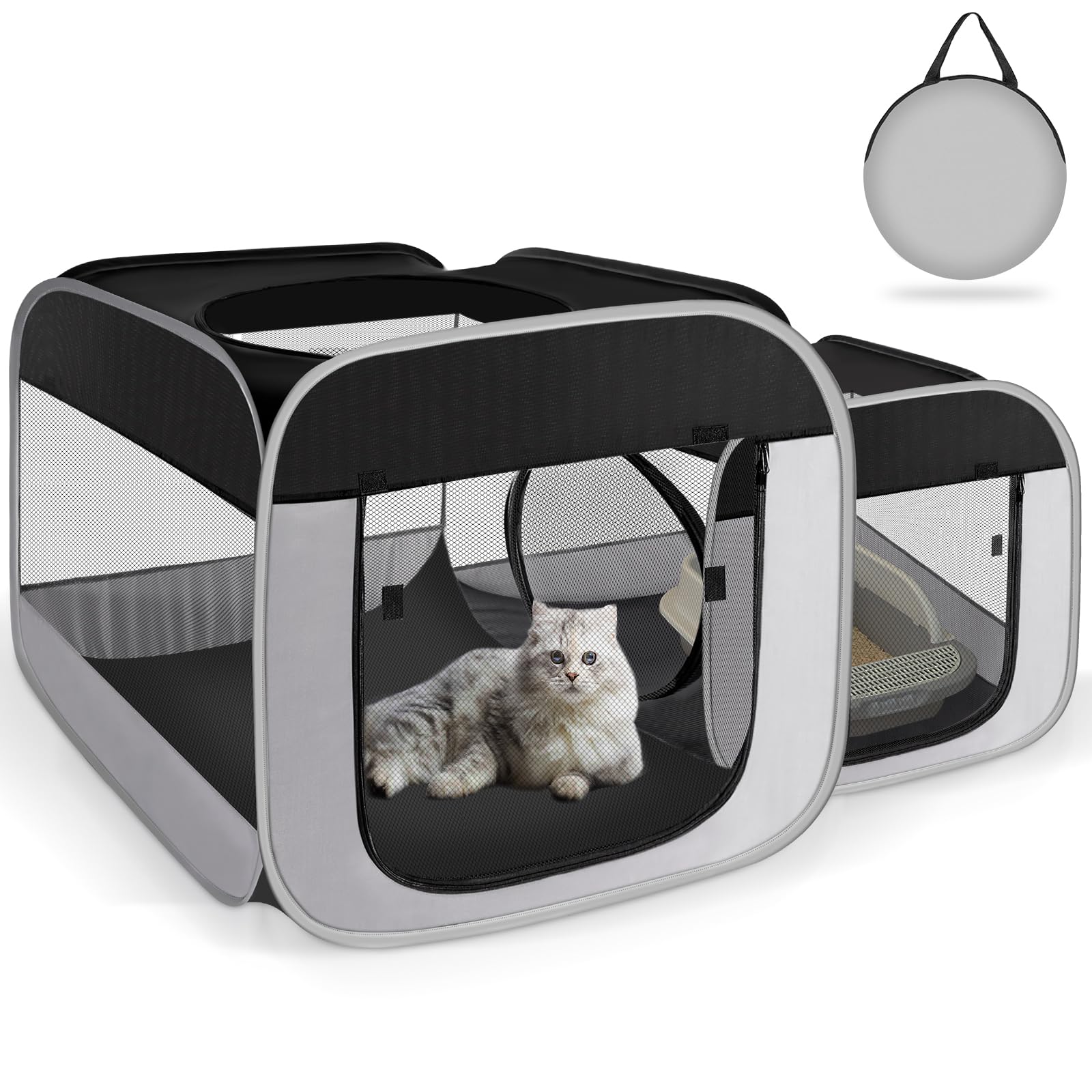TailTastic large cat playpen with separate areas for feeding, rest, and litter use