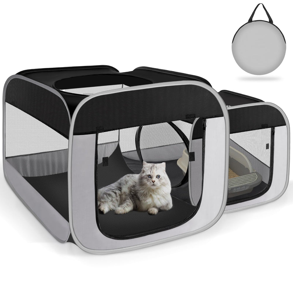 TailTastic large cat playpen with separate areas for feeding, rest, and litter use