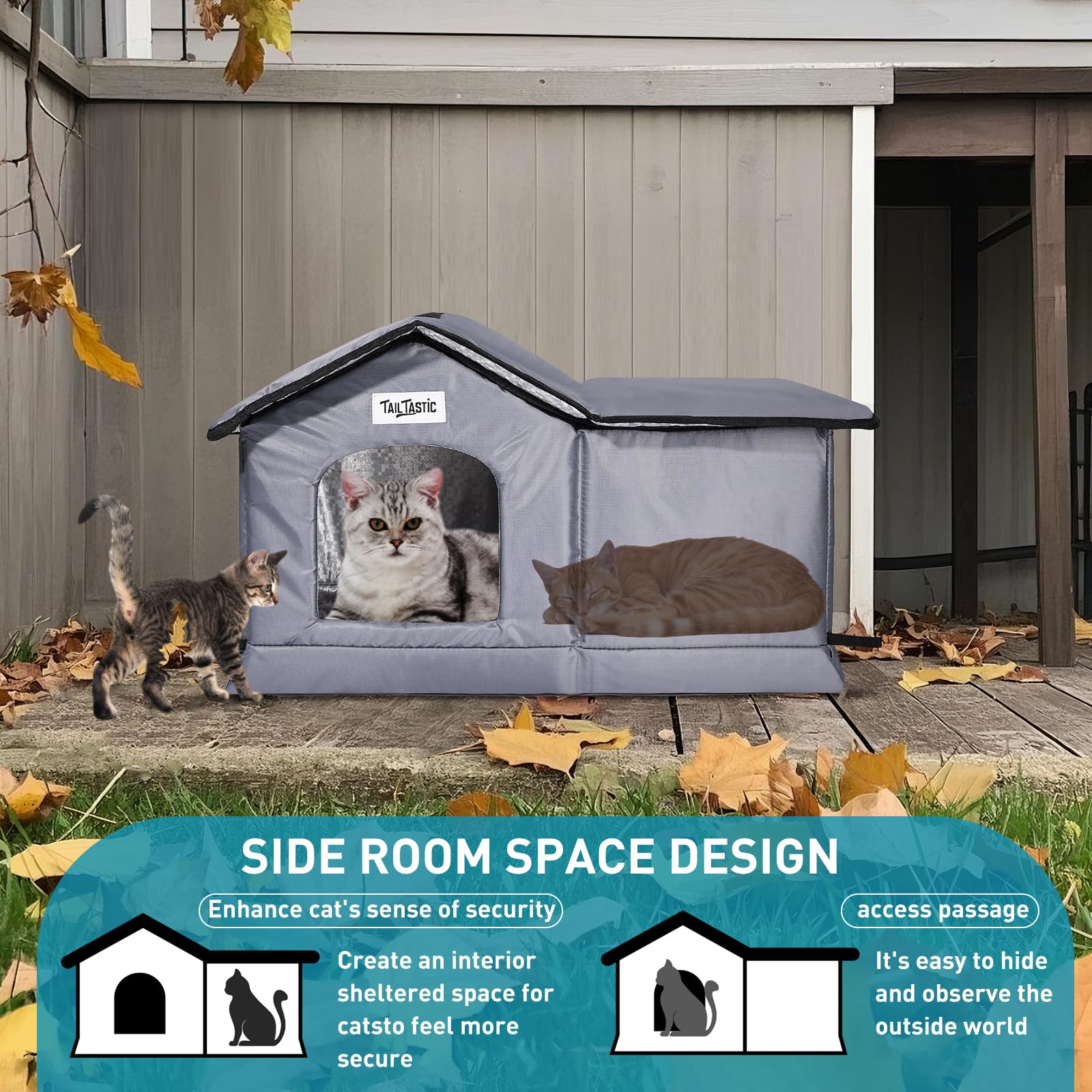 TailTastic outdoor cat house placed on a porch for easy access and care