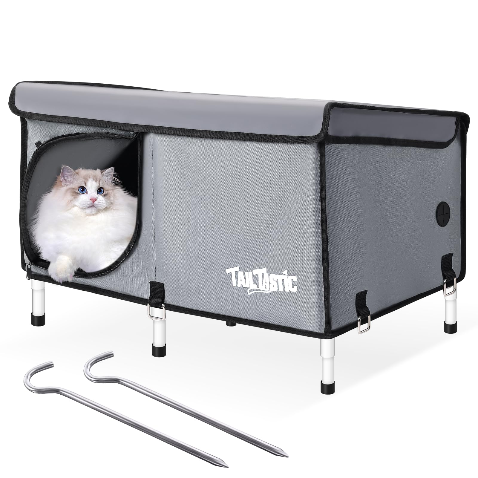 TailTastic elevated-grey-large outdoor cat house provides weatherproof shelter for two to three cats.