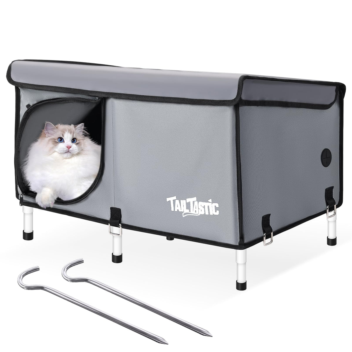 TailTastic elevated-grey-large outdoor cat house provides weatherproof shelter for two to three cats.