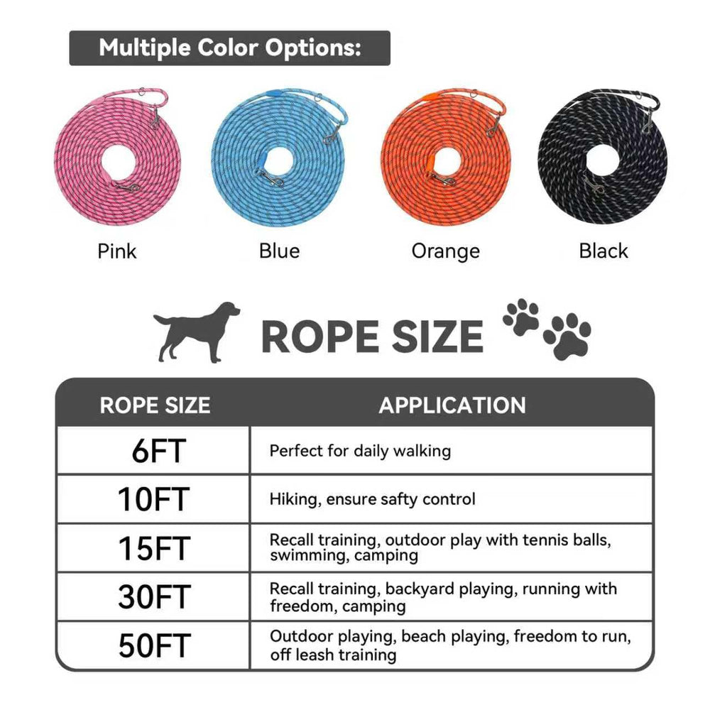 Tairro Long Dog Training Leash 50ft blue ideal for open-space training and hiking.