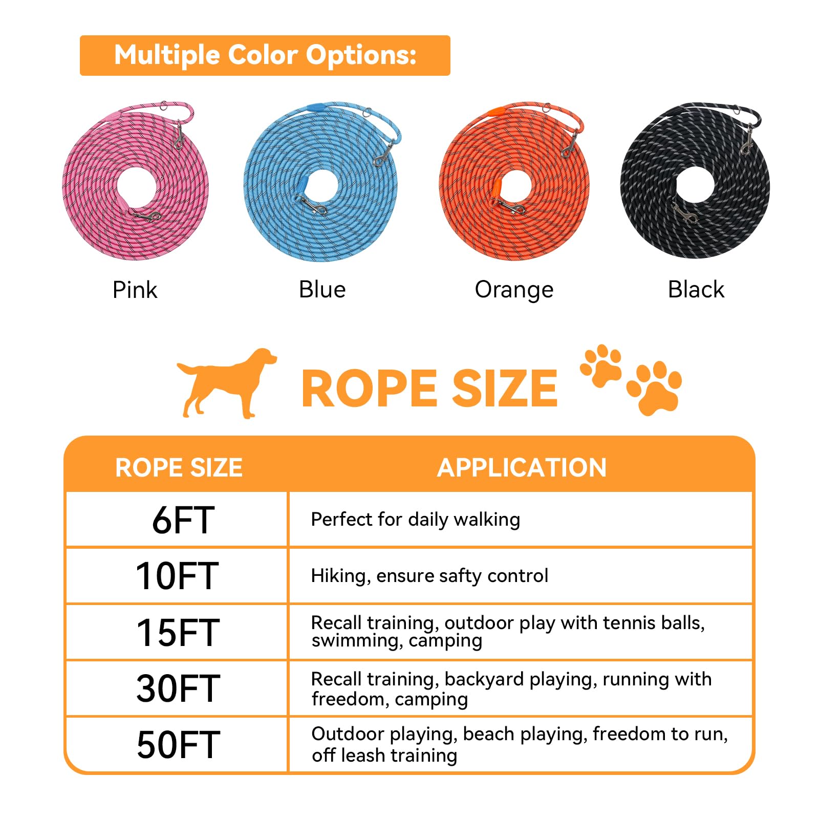 Tairro long dog training leash 50ft orange color for outdoor exploration.
