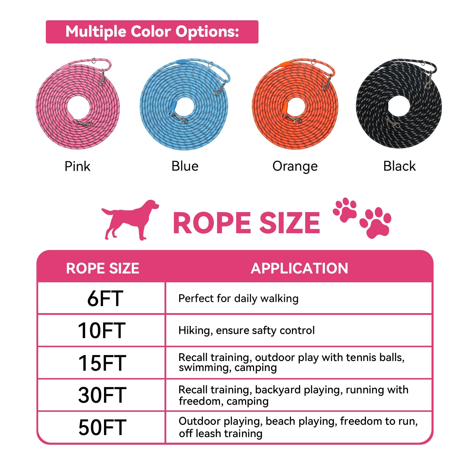 Tairro 50ft orange training leash delivers flexible reach for camping and training.