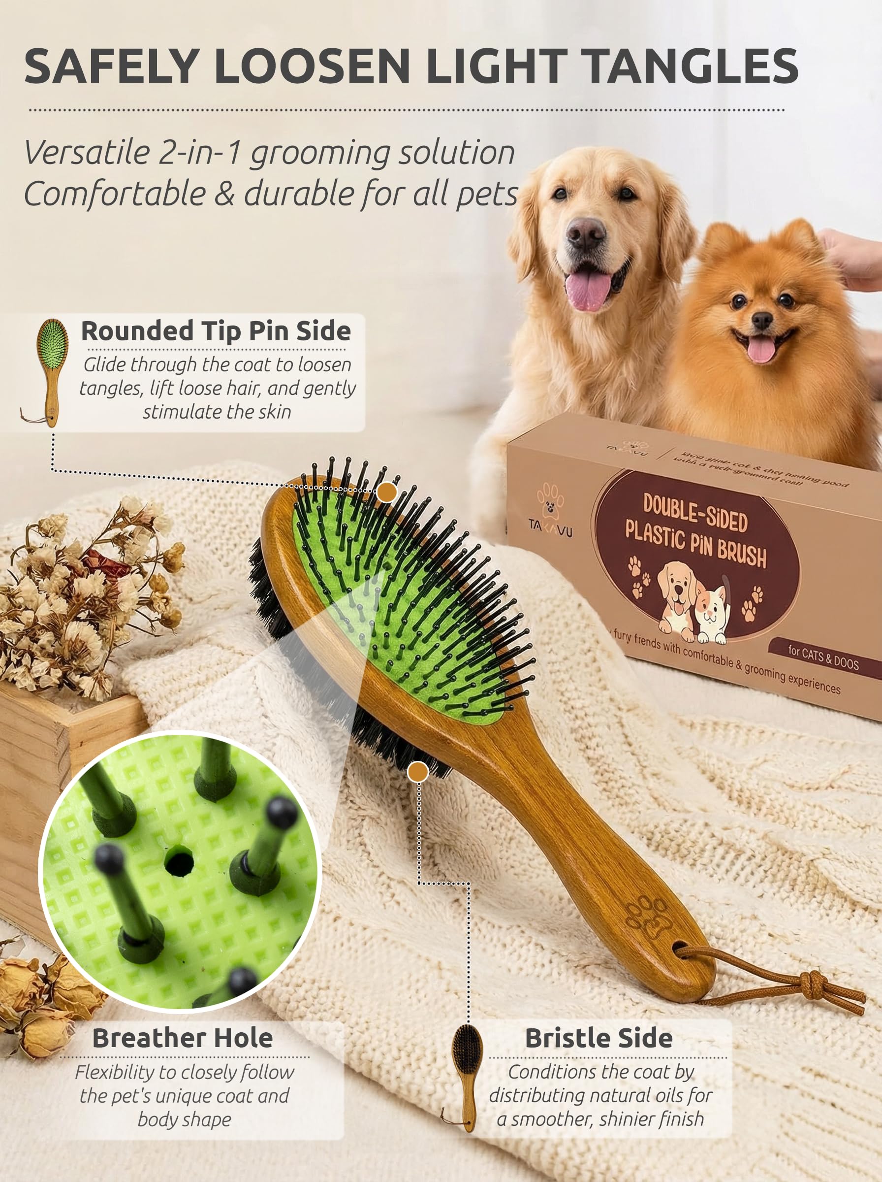 TAKAVU boar-bristle side close-up smooths coat and distributes natural oils for shine.
