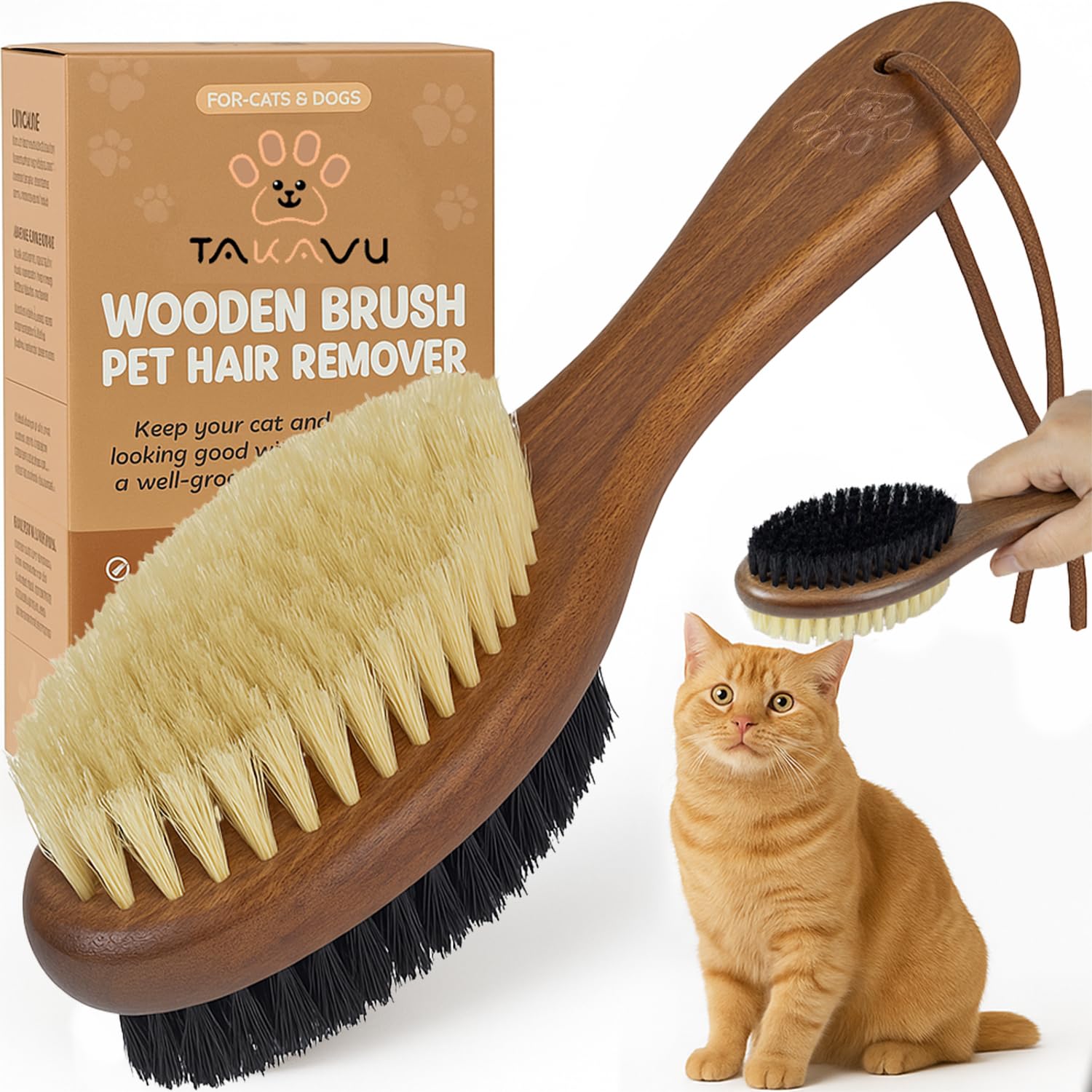 TAKAVU cat brush with soft white bristles for gentle smoothing and shine.