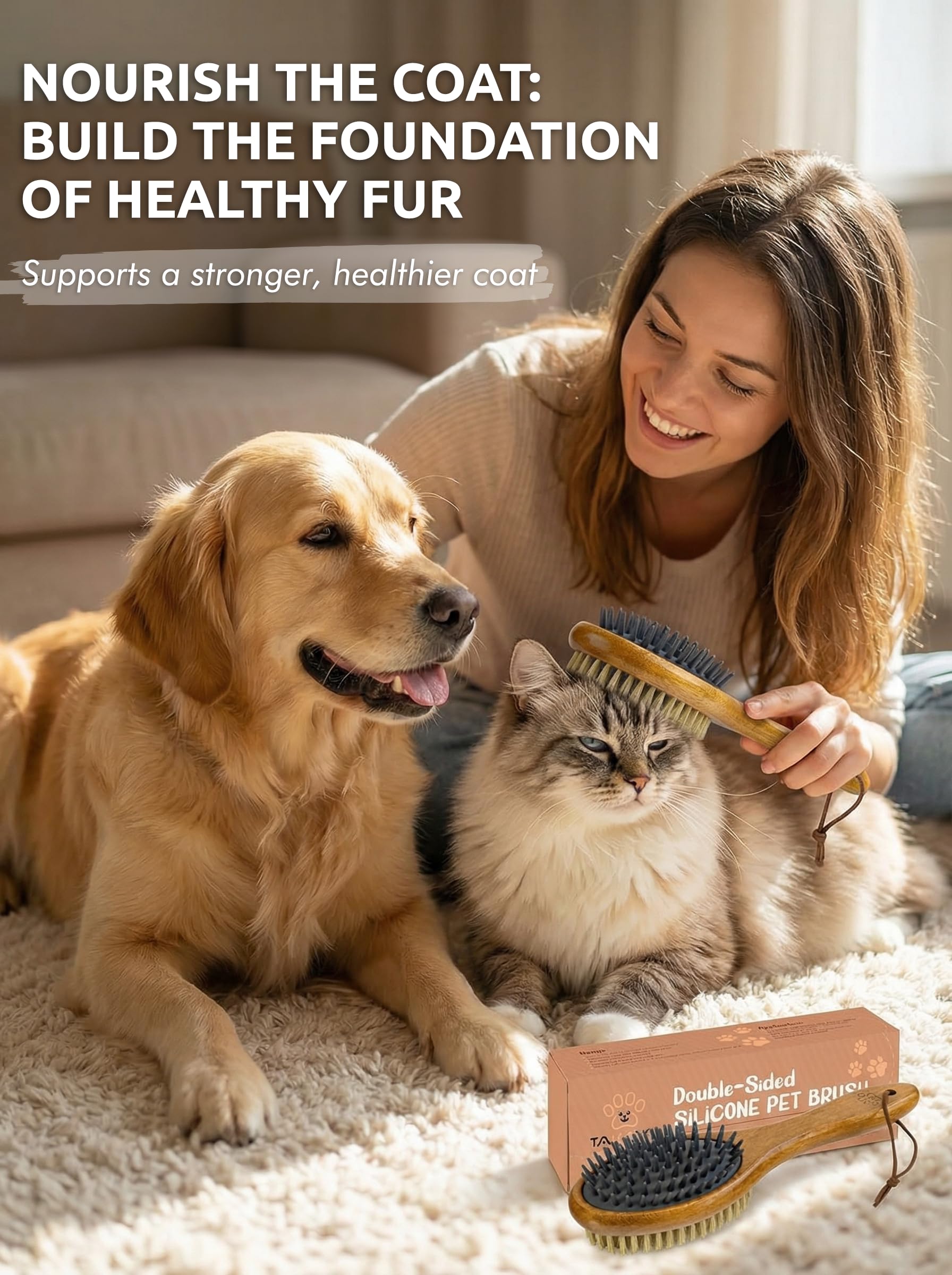 TAKAVU wood-handle grooming tool in use on a small dog for easy brushing