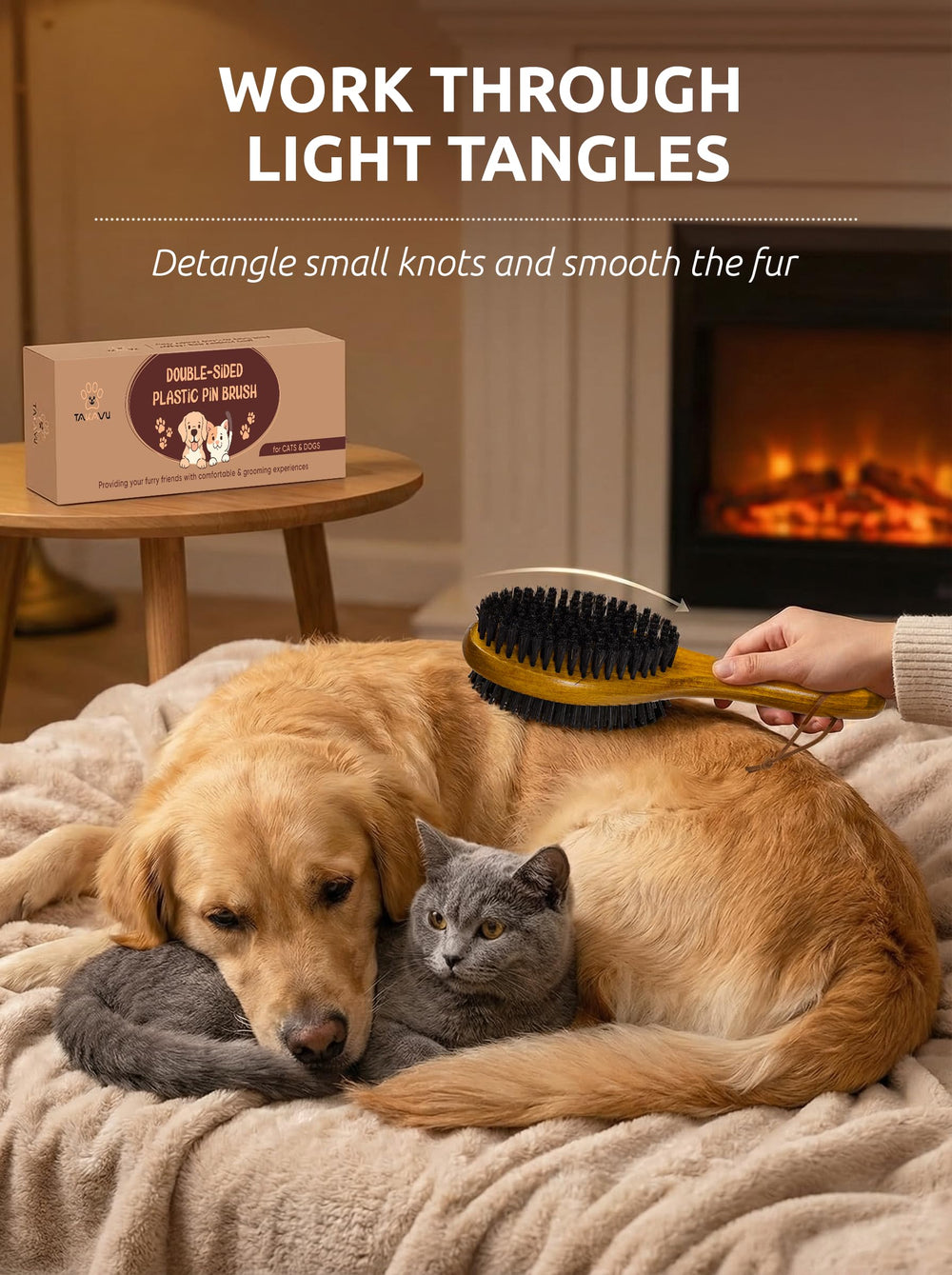 TAKAVU dual-sided brush for dogs, making detangling quick and easy.