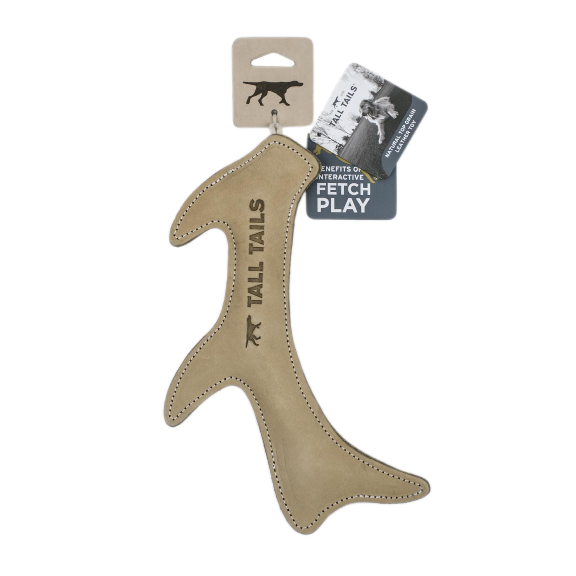 Tall Tails leather antler fetch toy, buffalo hide detail for rugged play.