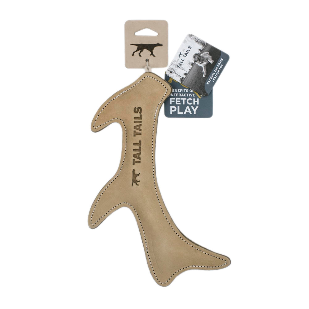 Tall Tails leather antler fetch toy, buffalo hide detail for rugged play.