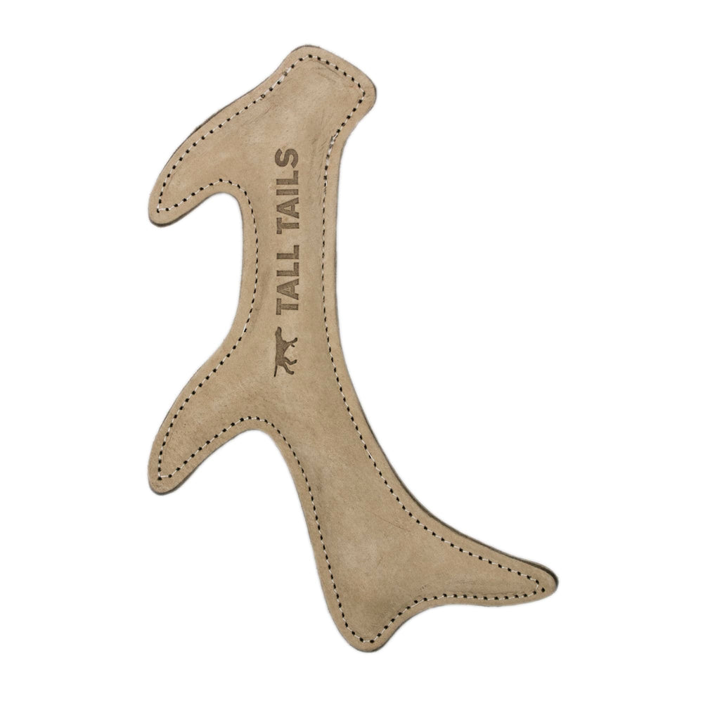 Tall Tails leather antler fetch toy, close-up stitching showing durability.