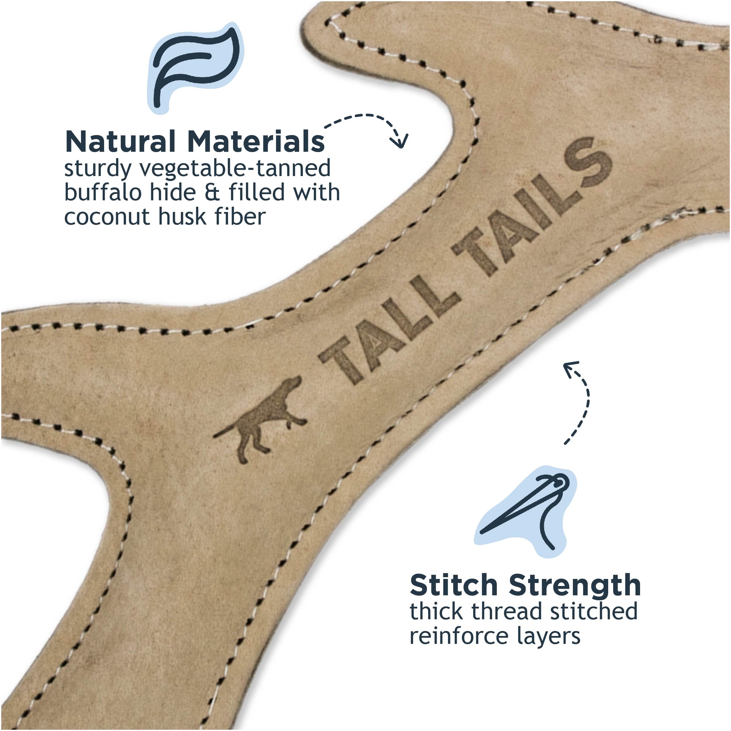 Tall Tails leather antler fetch toy, action shot showing durable tug play.