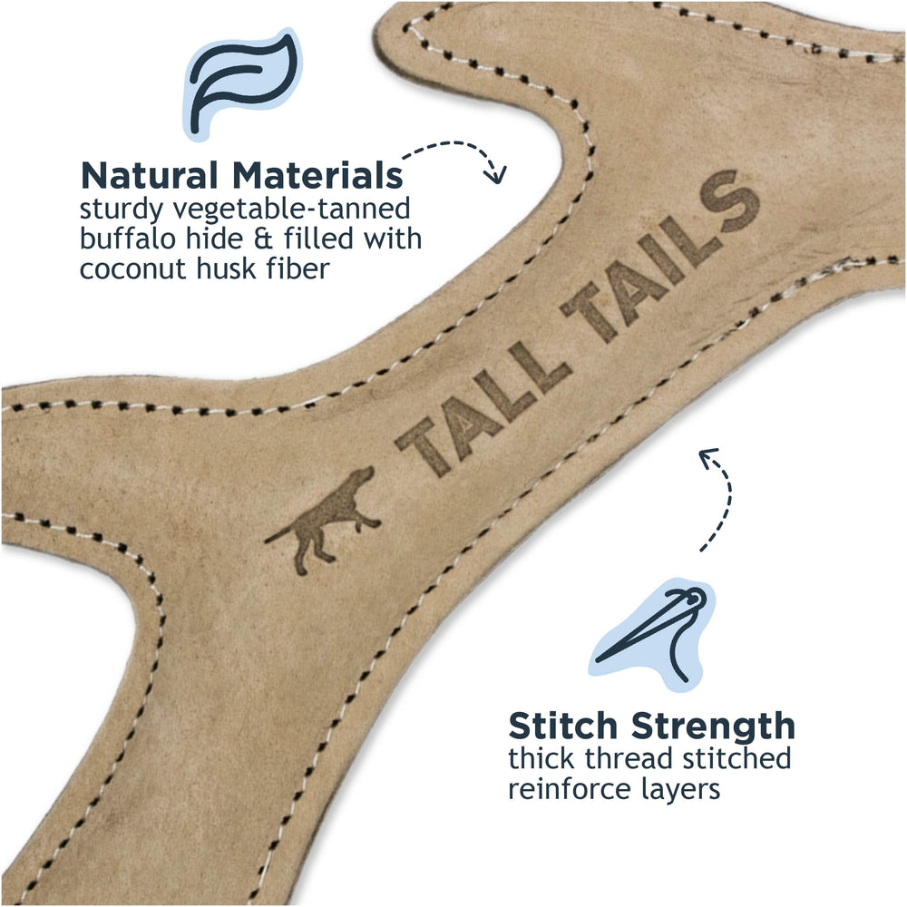 Tall Tails leather antler fetch toy, action shot showing durable tug play.