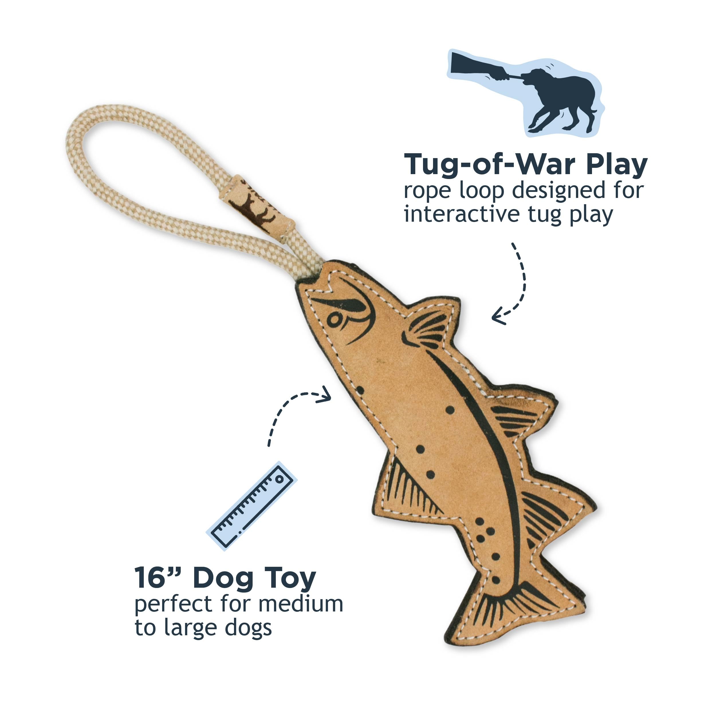 Tall Tails Trout Tug Toy side view highlights sturdy buffalo hide.