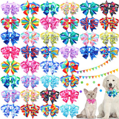 Talltalk 40-pcs tie-dye dog bow ties pack in vibrant colors for summer events.