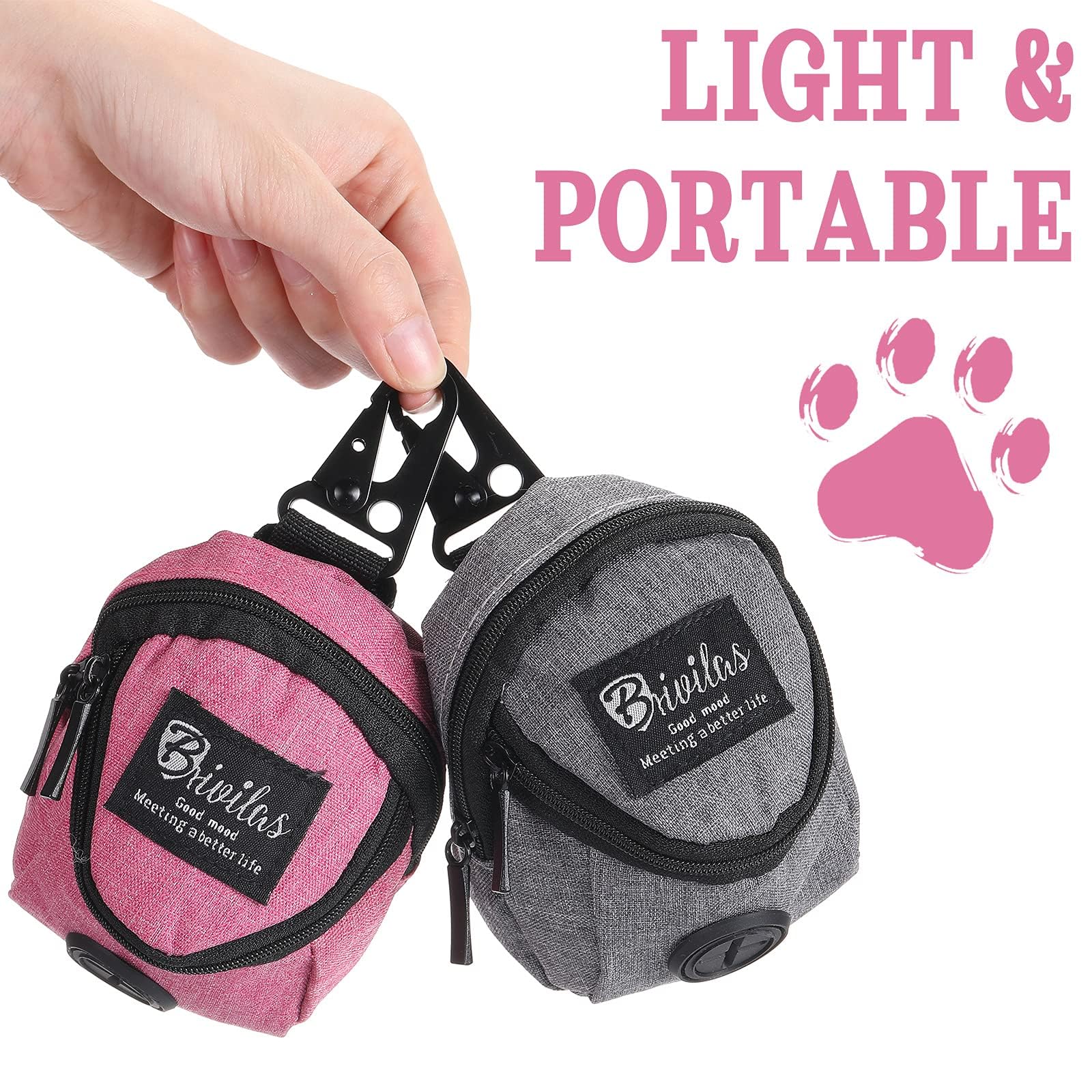 Talltalk double-pocket dog pouch open showing snack and bag compartments.