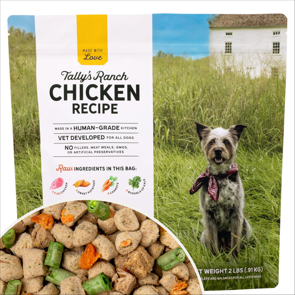 Tally's Ranch freeze-dried raw dog food bag shows convenient packaging for easy feeding