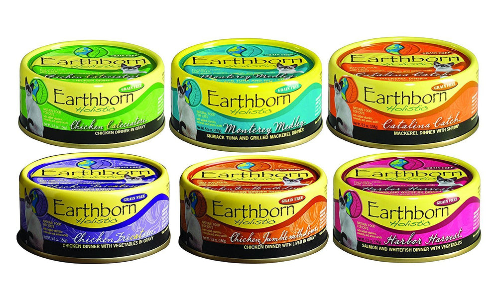 Talmo Earthborn grain-free 5.5oz canned cat food, six-flavor mix, ideal for picky cats.