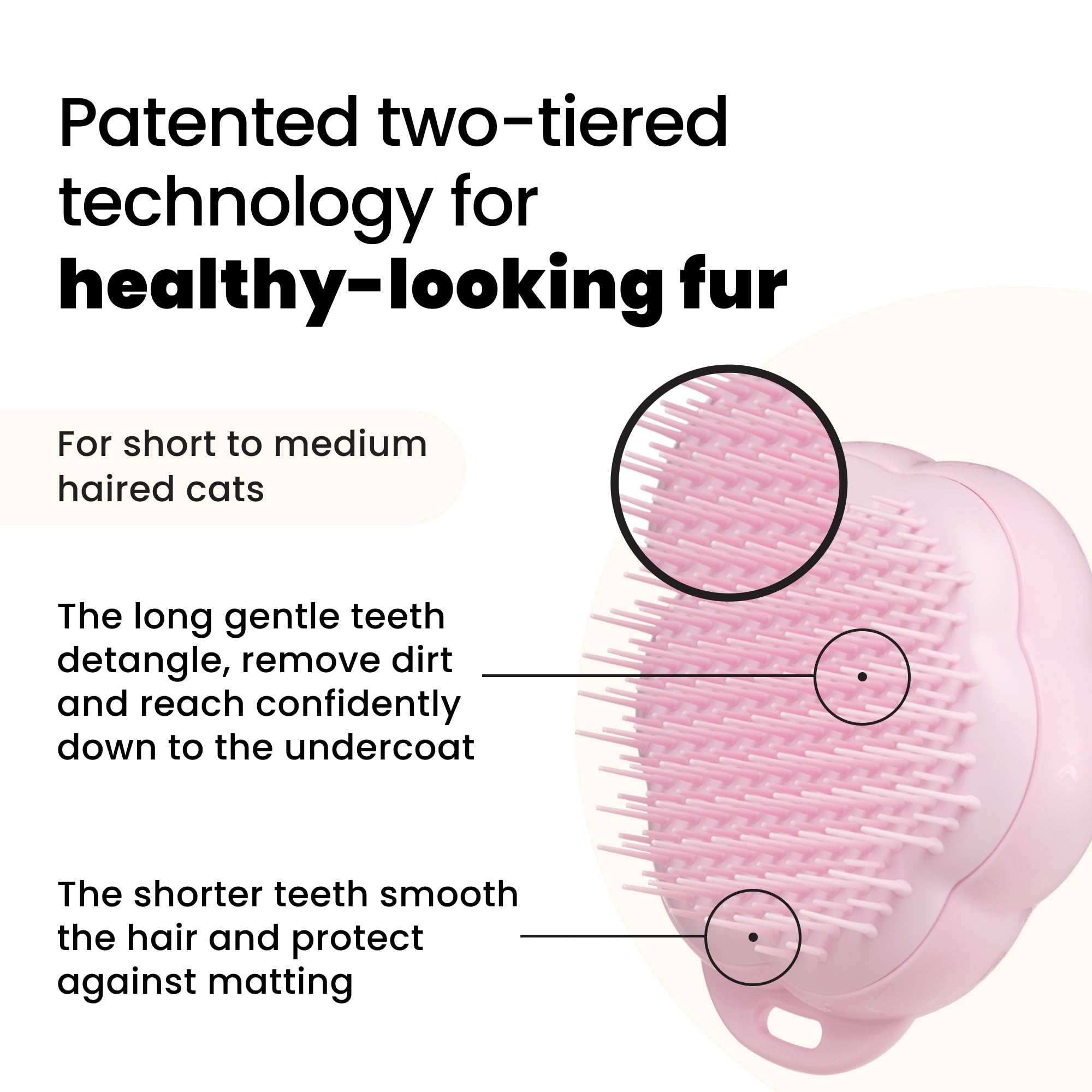 Tangle Teezer Cat Brush with two-tier teeth gently detangles and reduces matting.