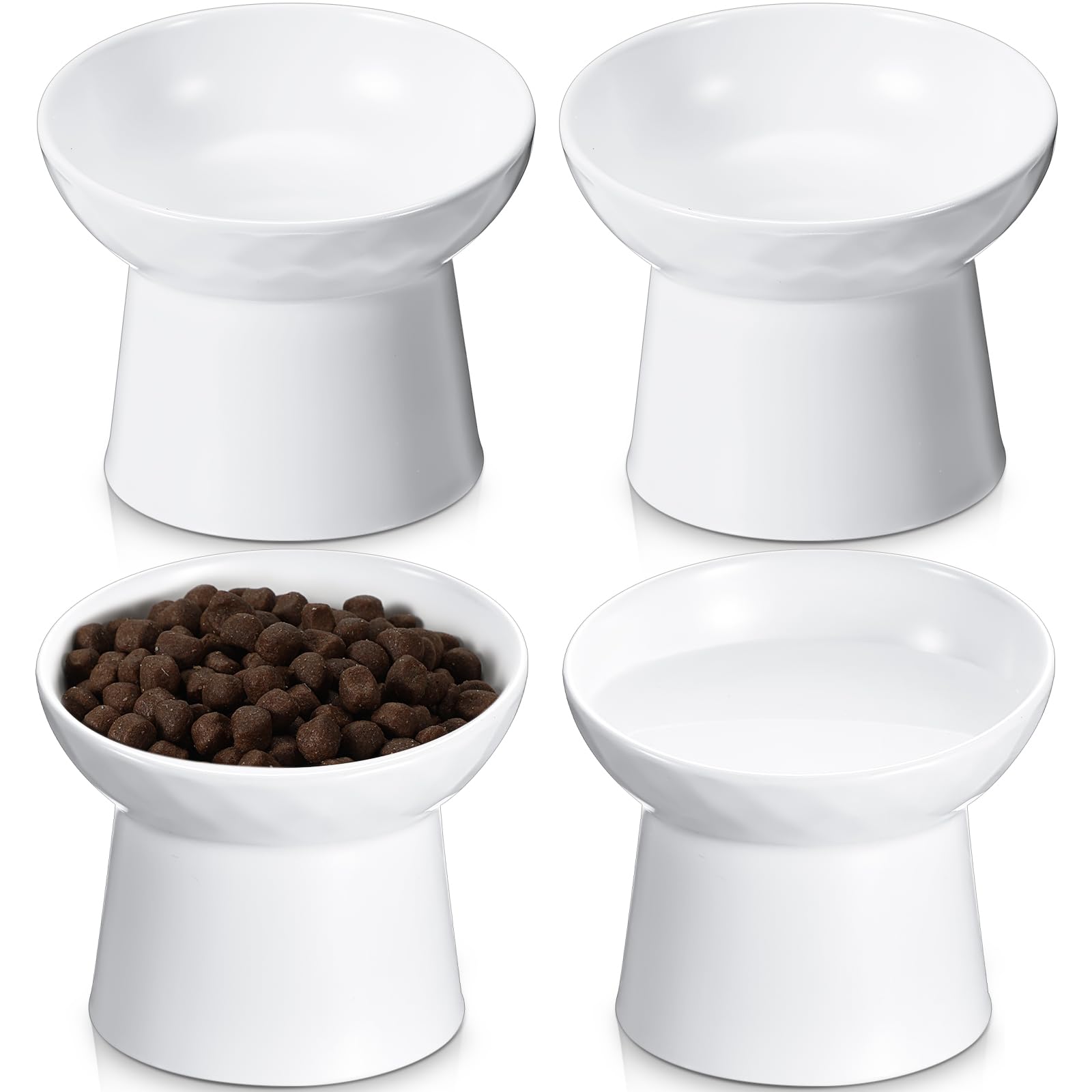 Tanlade ceramic raised cat bowls set shows four white elevated bowls for easy feeding.