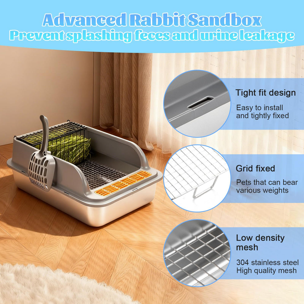 TAOKEKE rabbit litter box splash guard showing three-sided containment.