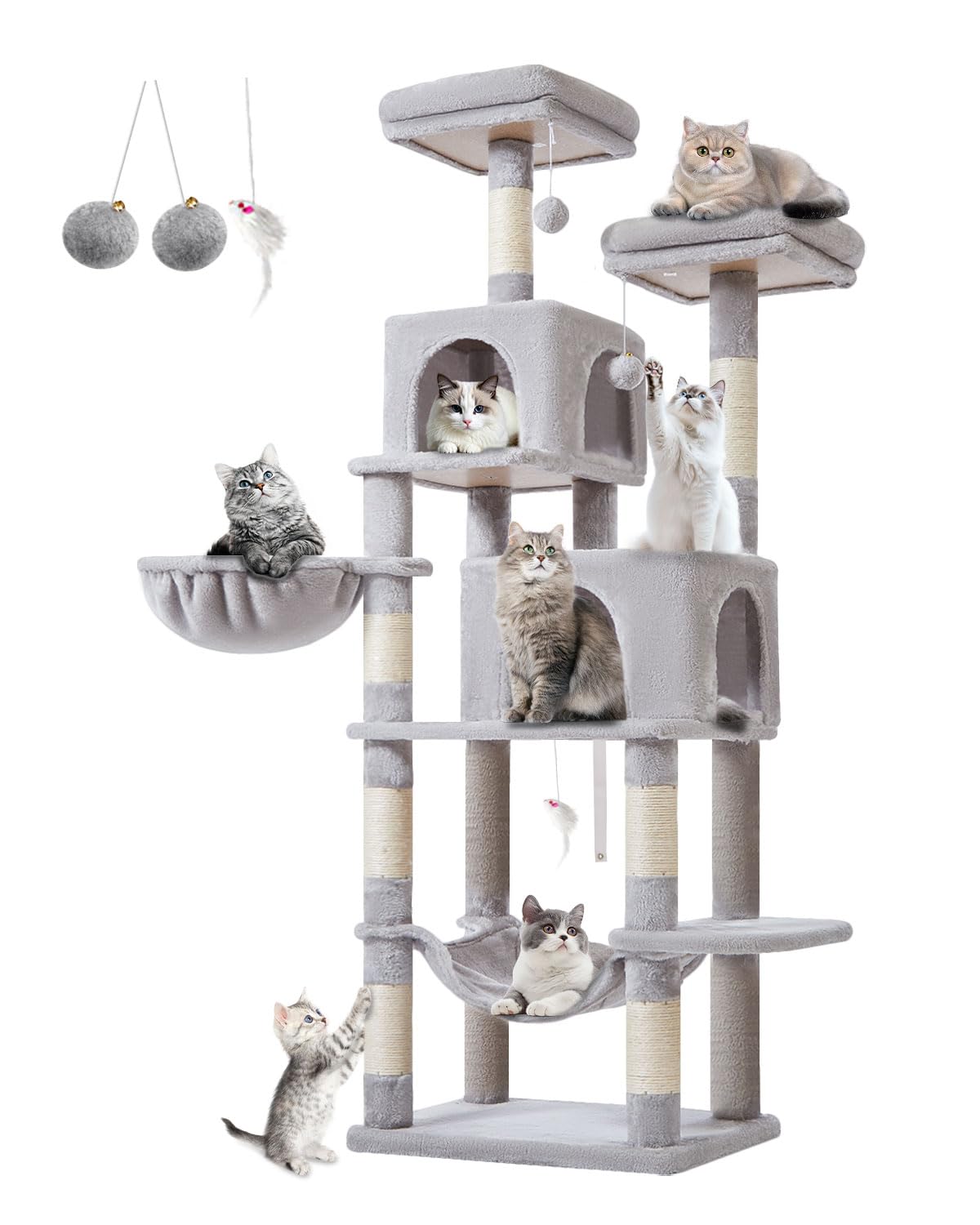 Taoqimiao 66-Inch cat tree base stability keeps active cats safe during play.
