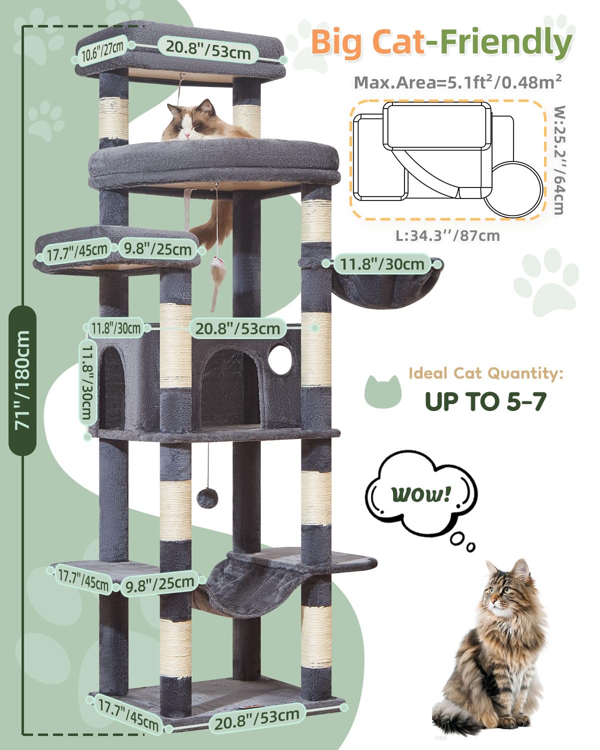 Taoqimiao 71-inch cat tree three-platforms highlights three spacious perches for lounging.