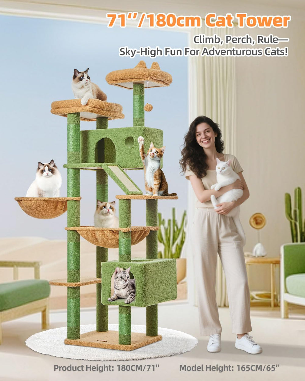 Taoqimiao cactus cat tree 71-inch side view highlights height and stability