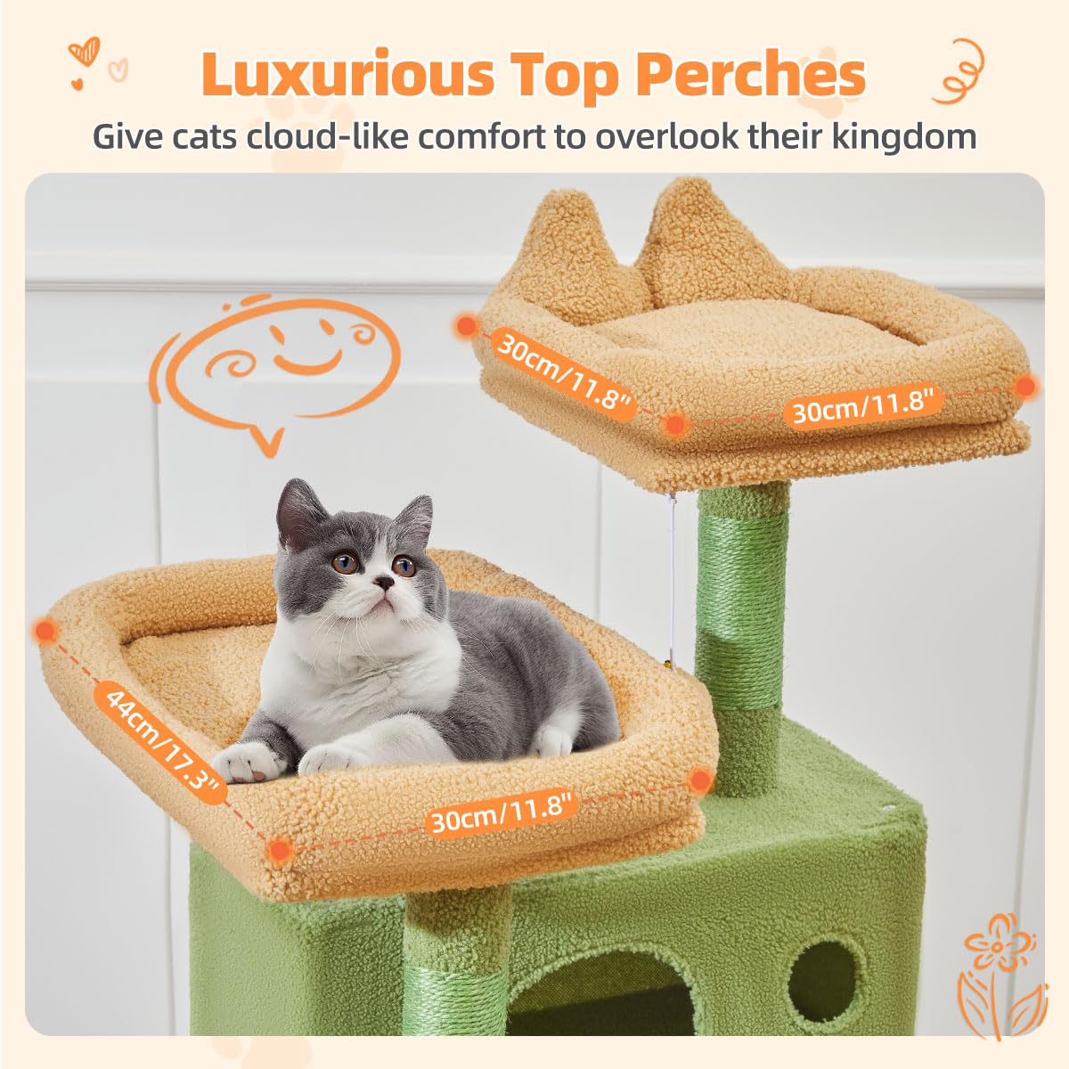 Two top perches on Taoqimiao cactus cat tree for elevated views