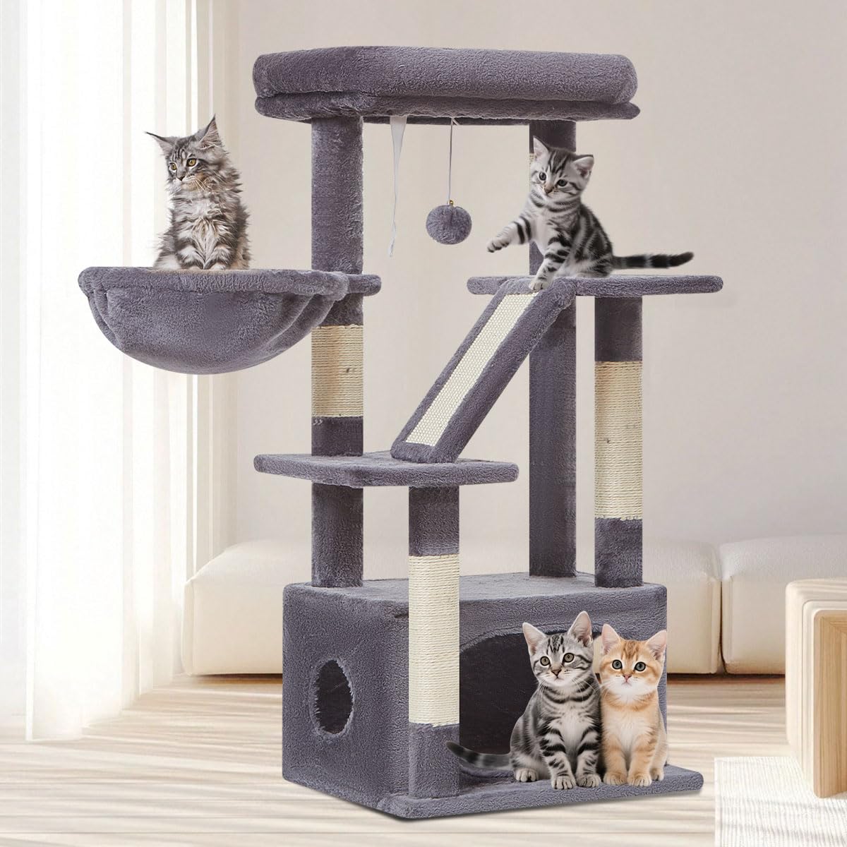 Taoqimiao cat tree full view highlighting stable base for indoor lounging.