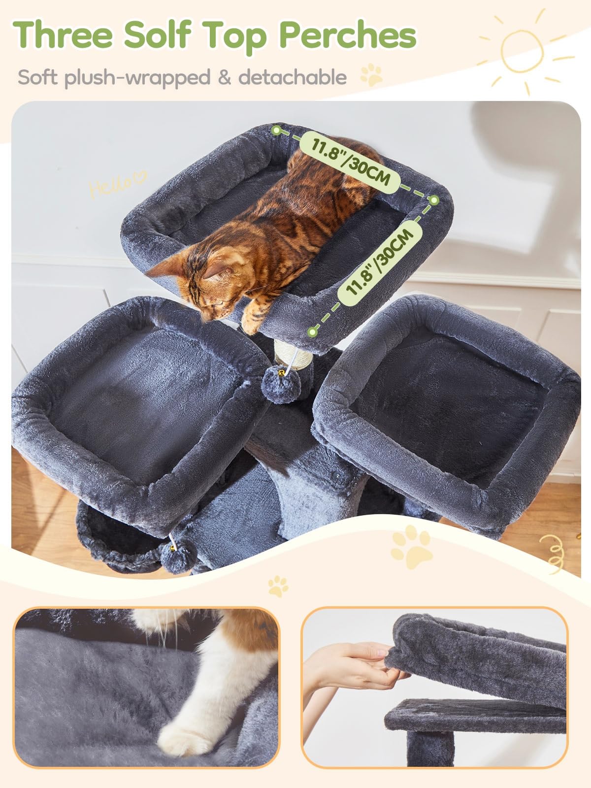 Adjustable metal hanging basket on Taoqimiao cat tree offers perched lounging.