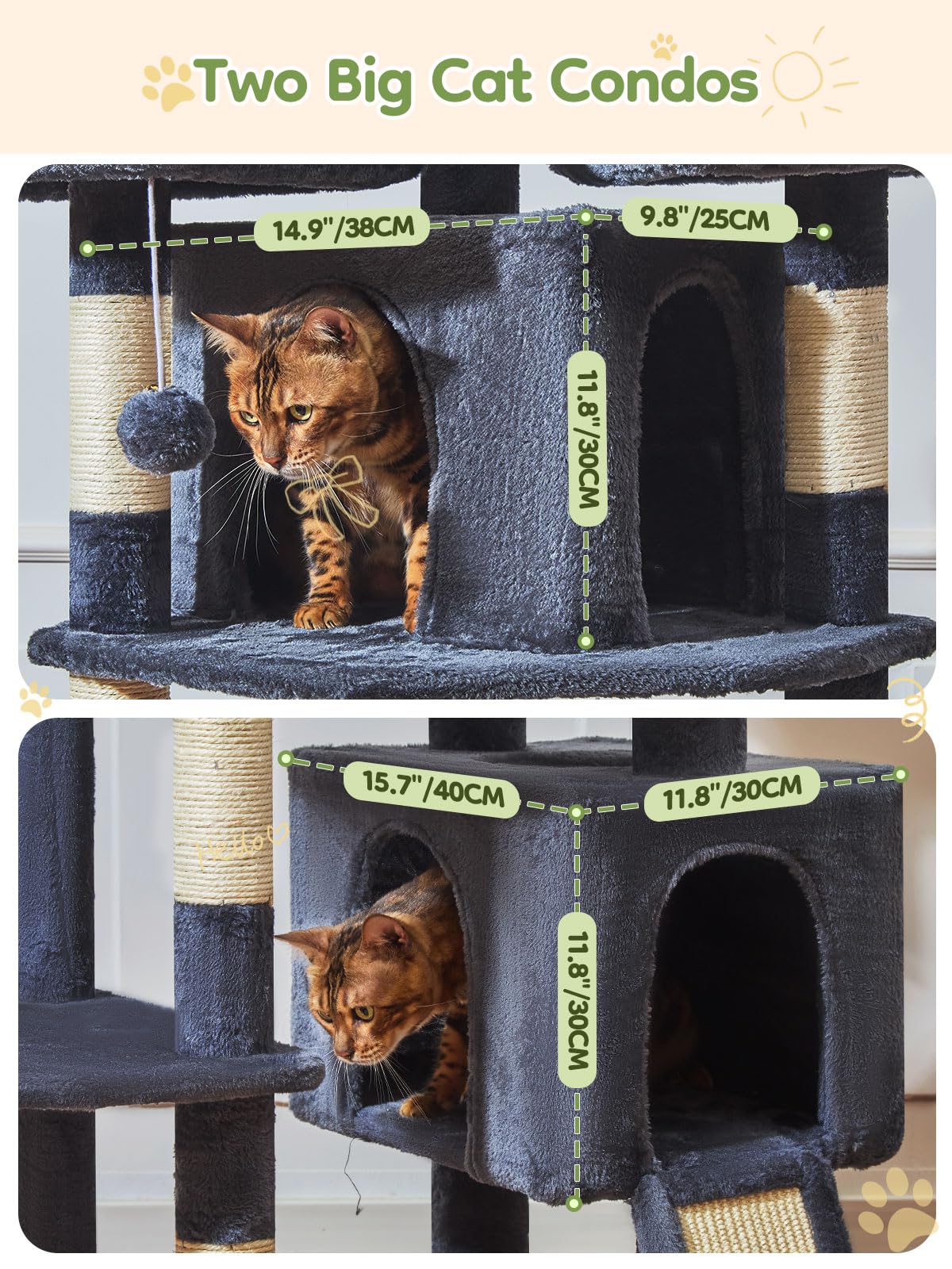 Two large condos on Taoqimiao cat tree provide private resting spaces.