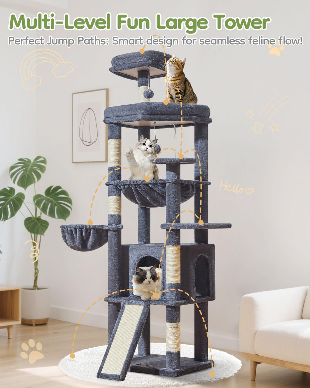 Taoqimiao cat tree fits multi-cat households with generous play and rest space.