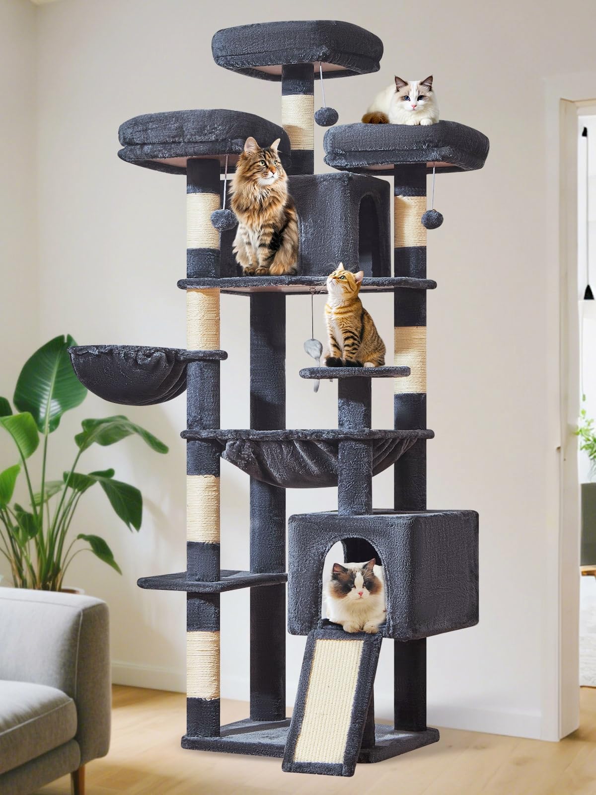 Smoky gray finish on Taoqimiao cat tree blends with modern homes.