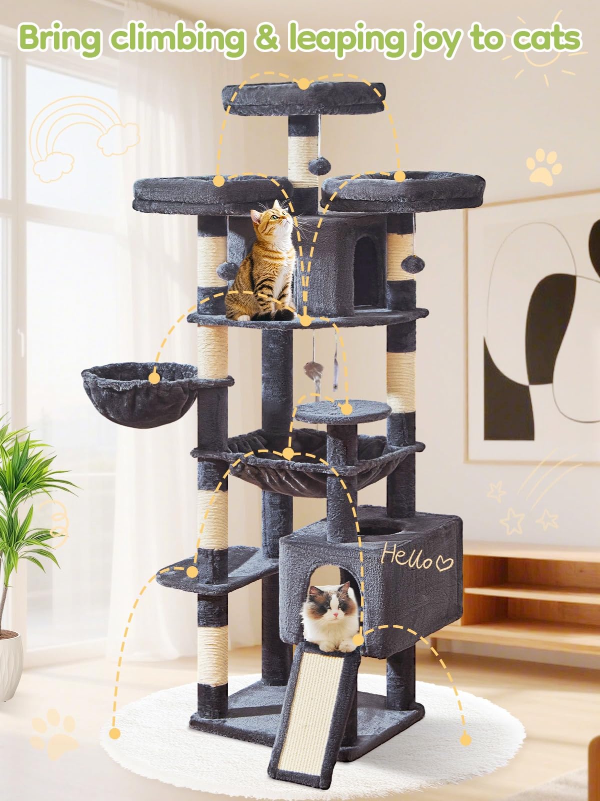 Triangular reinforced base provides stability for active multi-cat use.