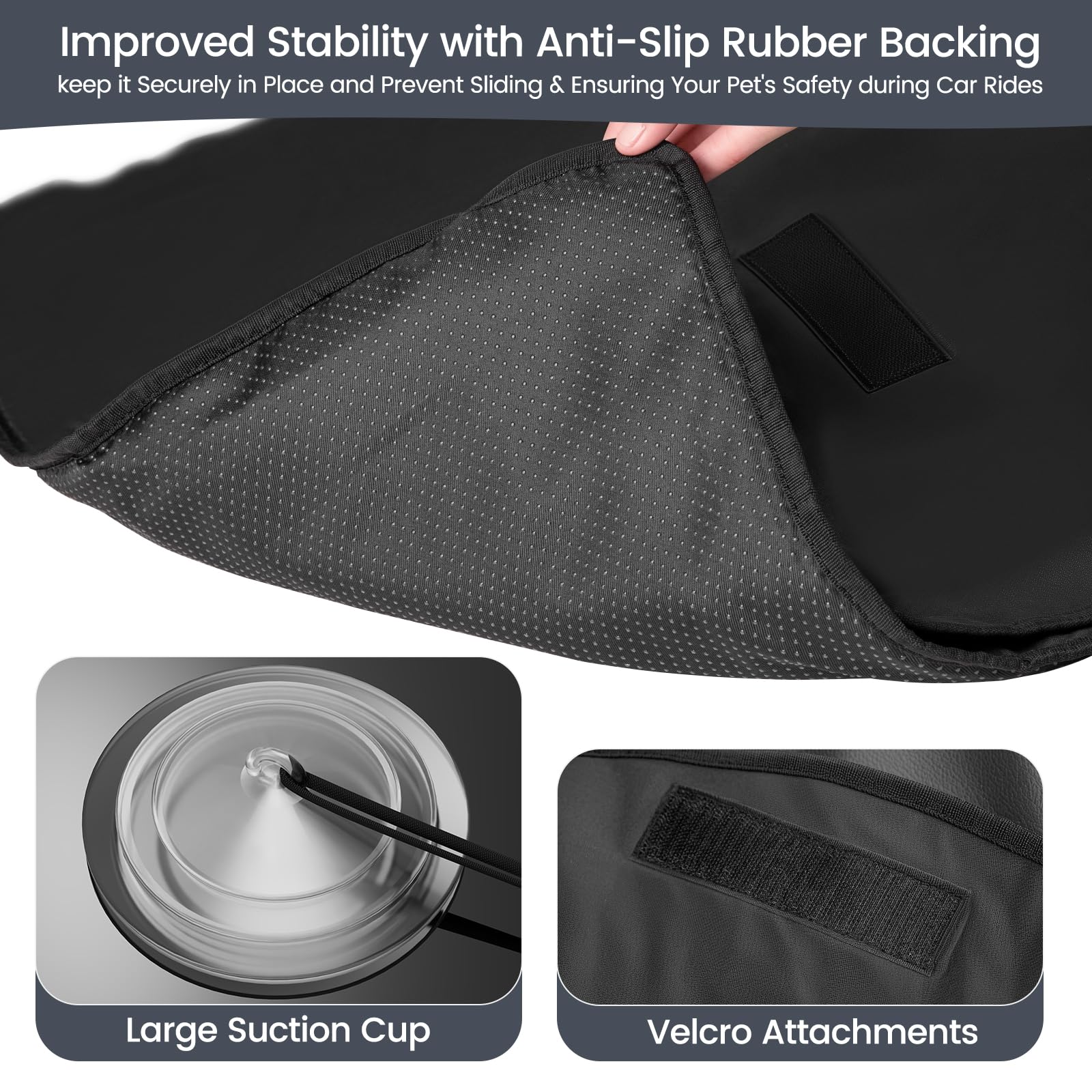 Tapizado easy-clean PU leather resists fur and grime after trips.