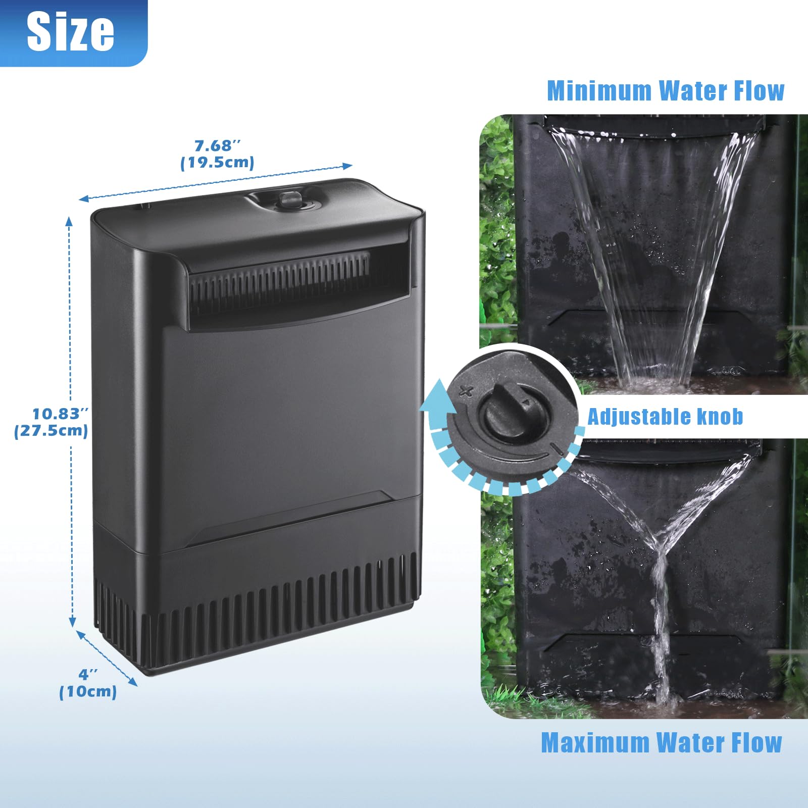 Tararium waterfall outlet promotes oxygenation and circulation in the tank