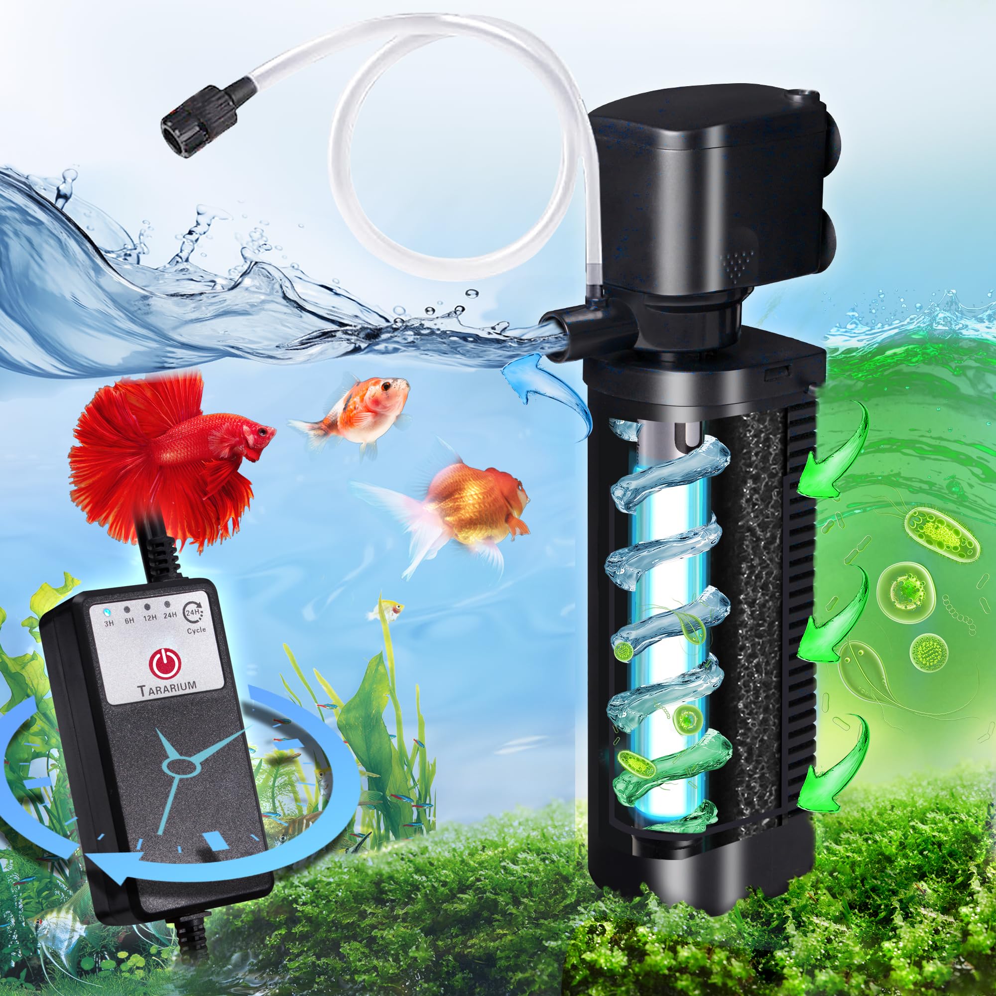Tararium aquarium filter UV timer front view boosts water flow for healthy tanks.