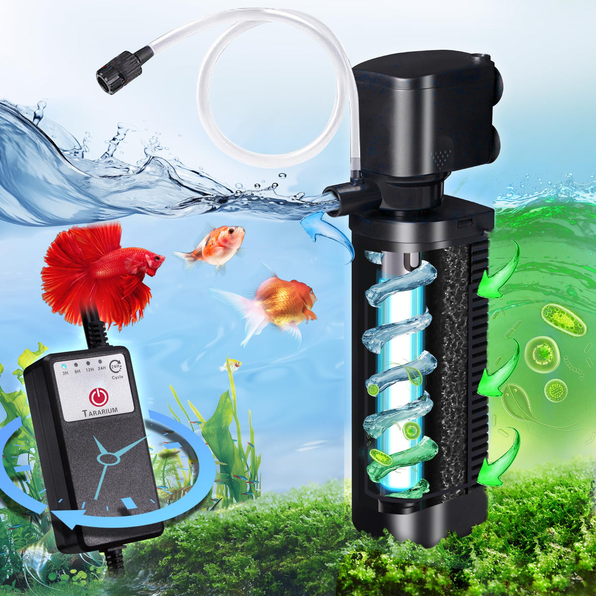 Tararium aquarium filter UV timer front view boosts water flow for healthy tanks.
