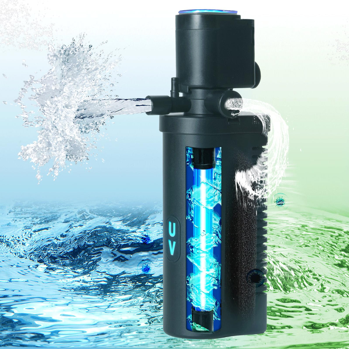 TARARIUM small aquarium filter U-V shown in a 10-45 gallon setup for clearer water