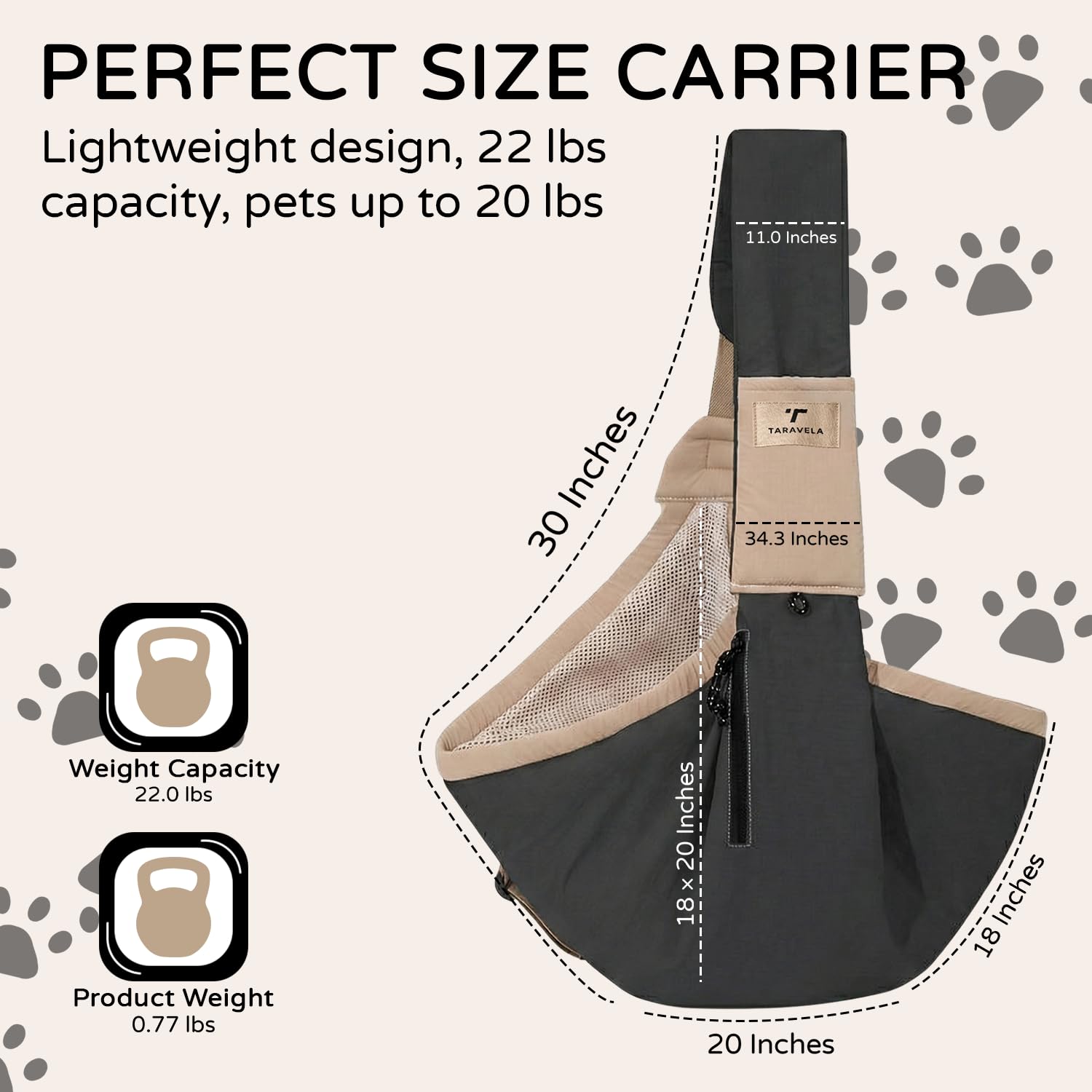 Taravela cat sling side view showing secure carry for small pets.