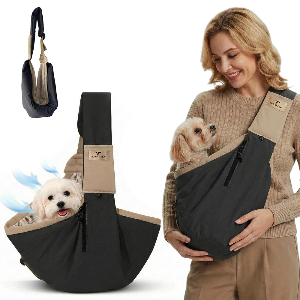 Taravela dog sling front view carrier for comfortable, hands-free walks.