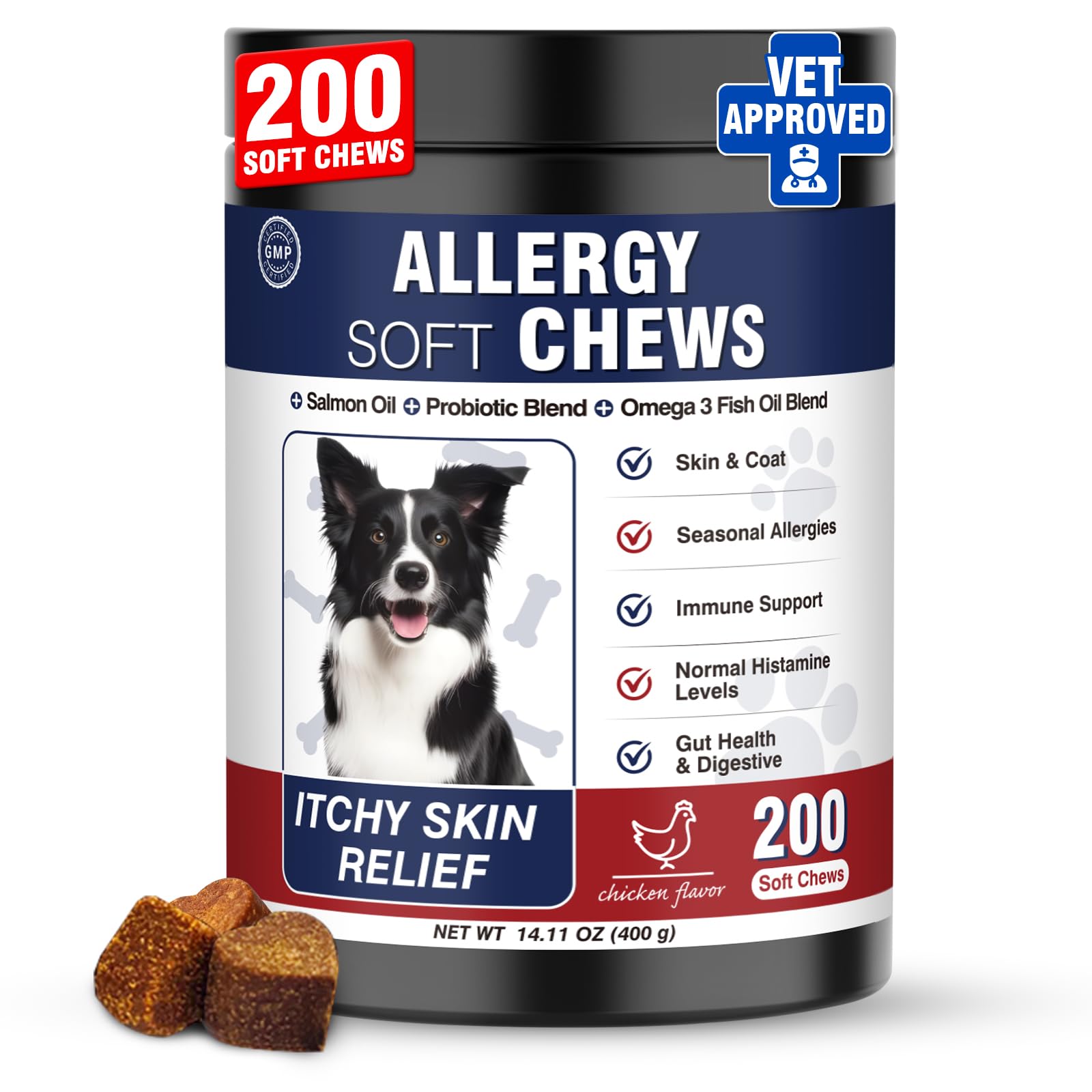 Taraxa Dog Allergy Chews bottle front showing packaging for itchy skin relief