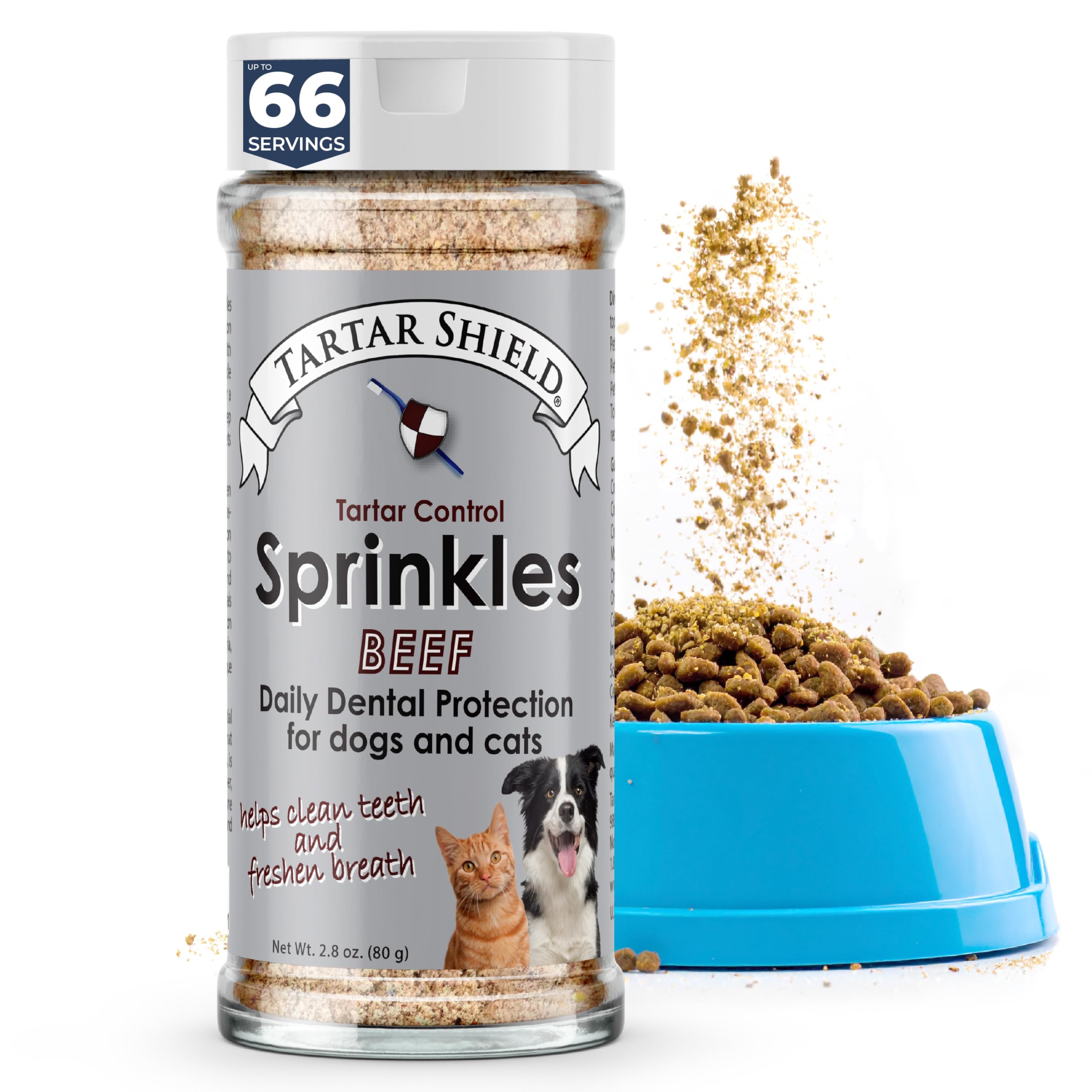 Tartar Shield Dental Sprinkles feature beef-flavored topping for easier feeding and palatable use.