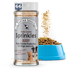 Tartar Shield Dental Sprinkles feature beef-flavored topping for easier feeding and palatable use.