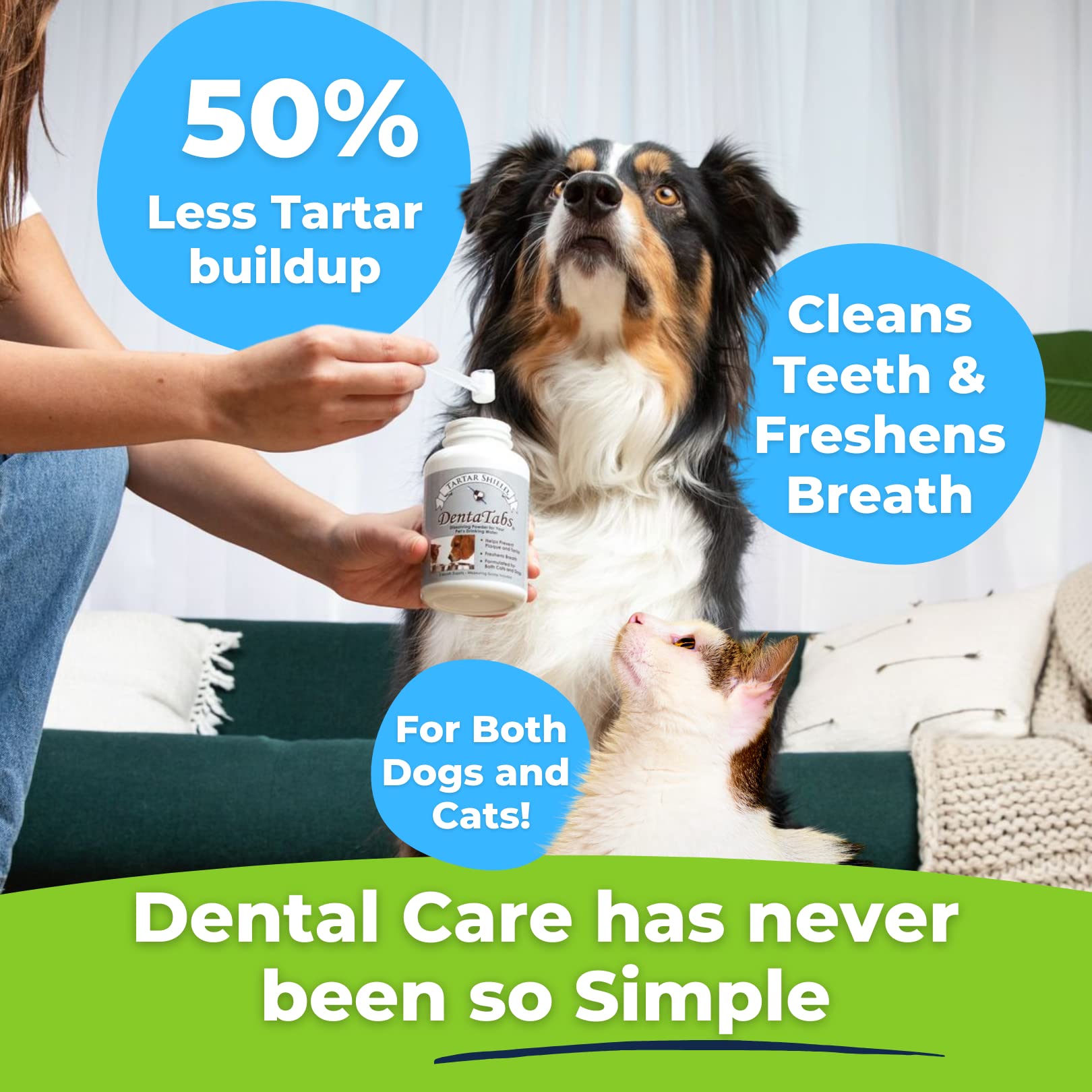 Dog using the DentaTabs powder dispenser for daily tartar control.