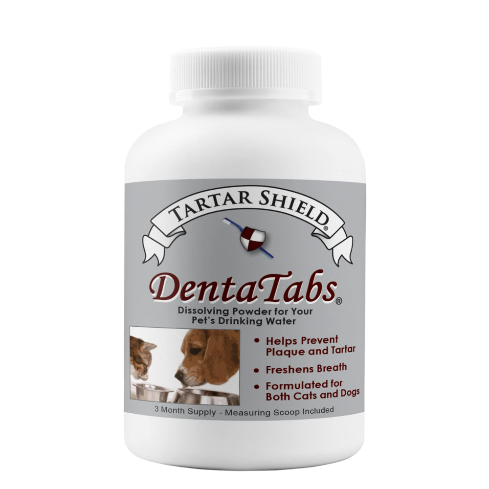 Tartar Shield DentaTabs tub front view for easy pet oral care.