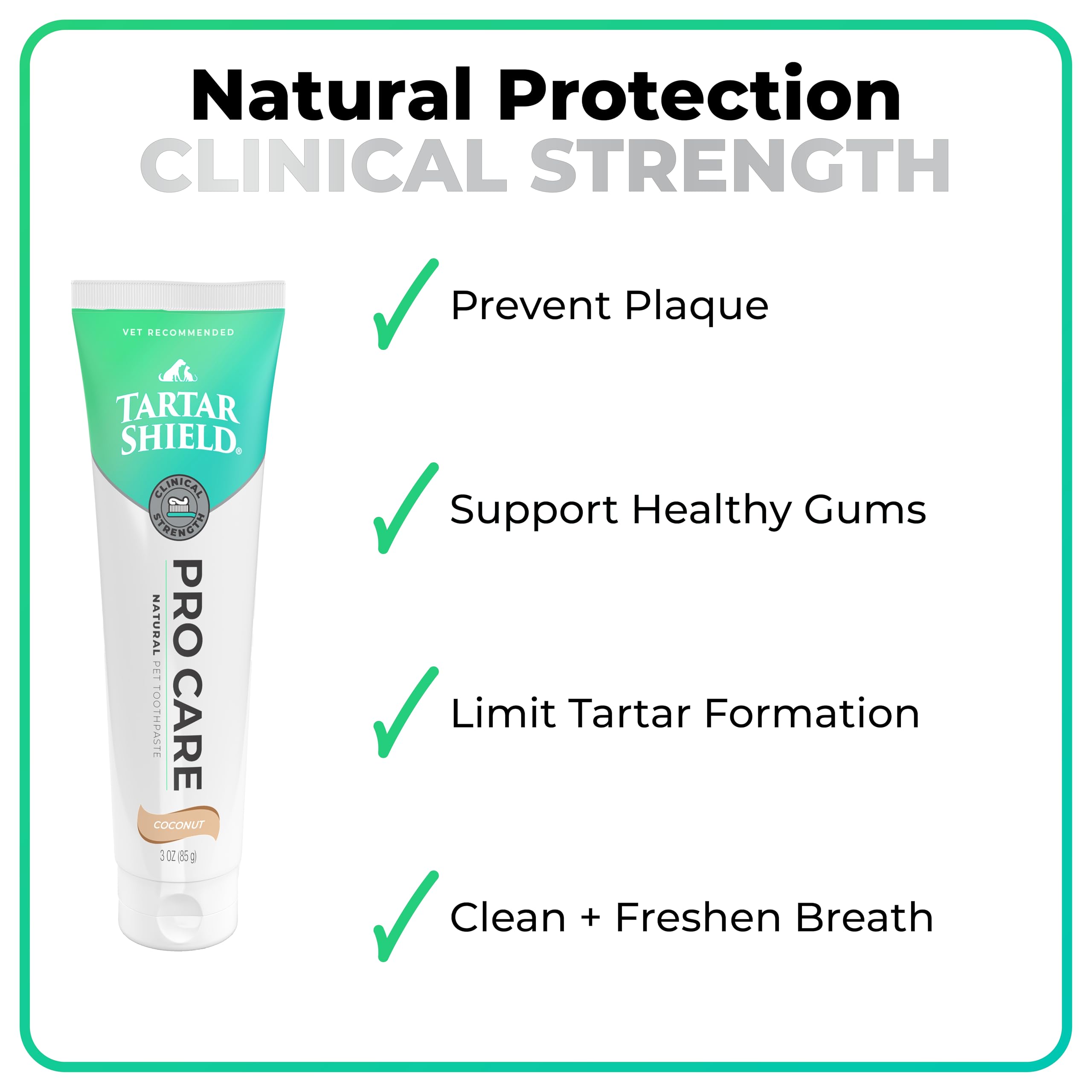 Tartar Shield Pro Care natural ingredients showcase coconut oil and miswak for daily dental cleaning.